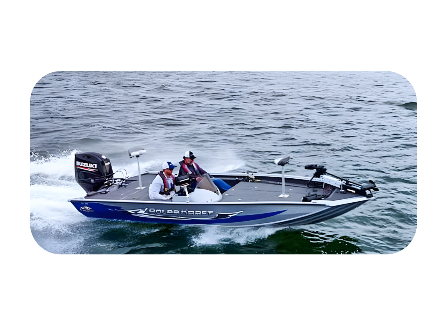 Blue fishing boat with two people, speeding on ocean waves.