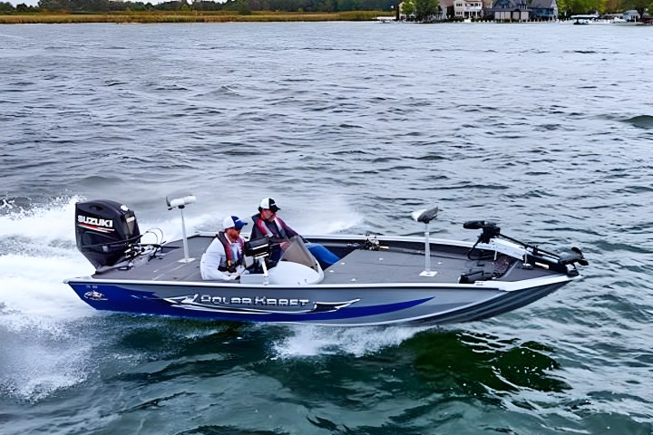 Two men in a motorboat on a lake near a shoreline with houses and trees.
